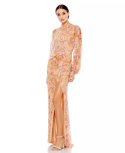women's floral print sequined puff sleeve gown