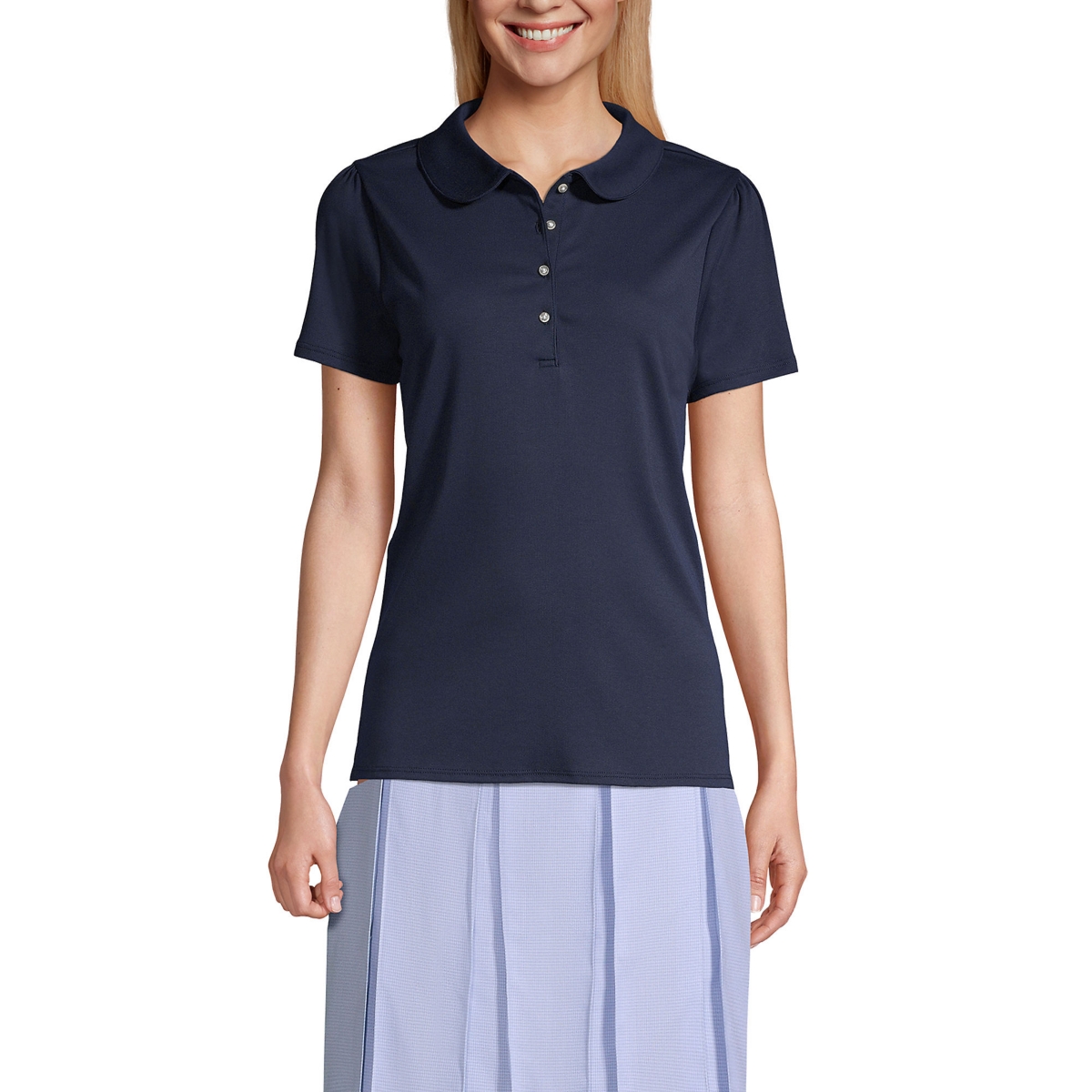 Women's School Uniform Short Sleeve Peter Pan Collar Polo Shirt - Classic navy