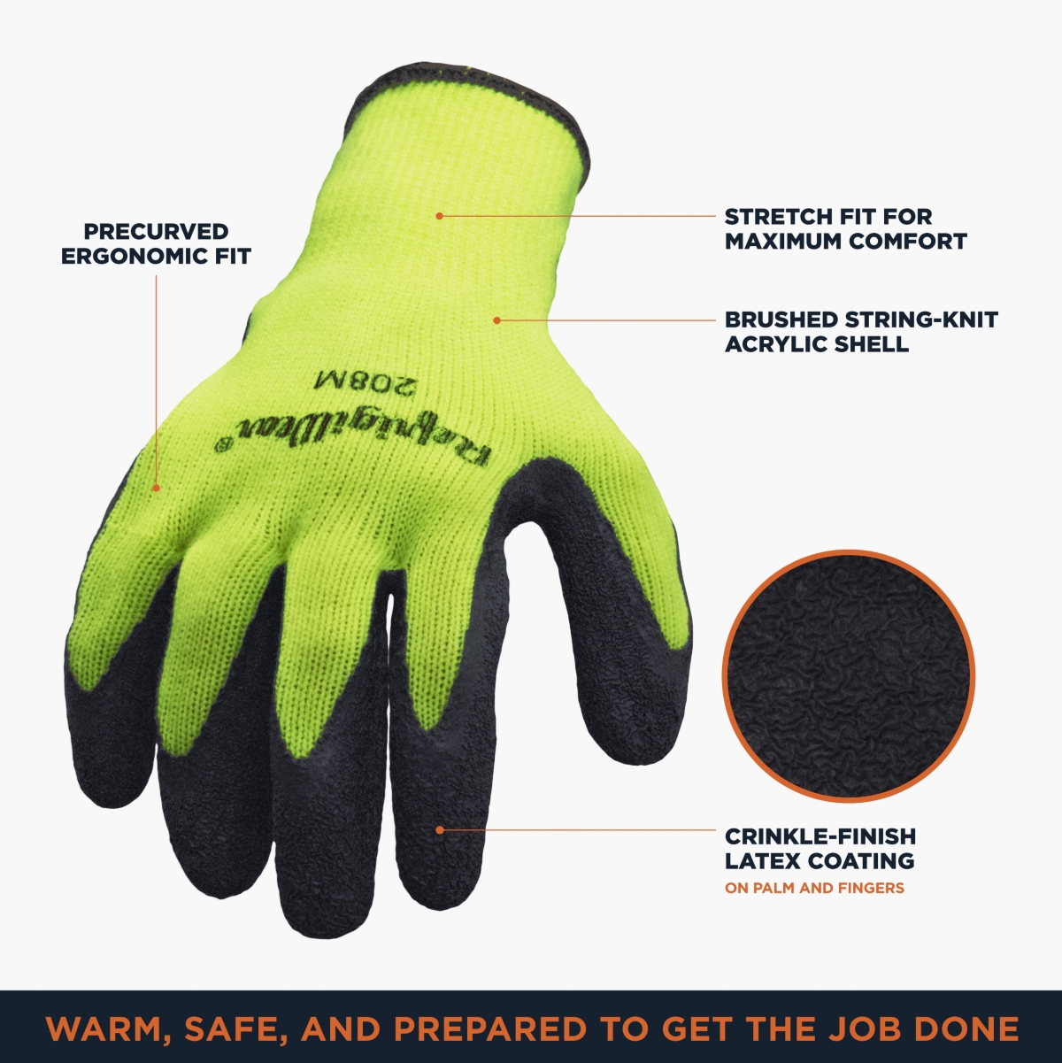 RefrigiWear Men's HiVis Ergo Grip Latex Coated Work Gloves High Visibility (Pack of 12 Pairs)