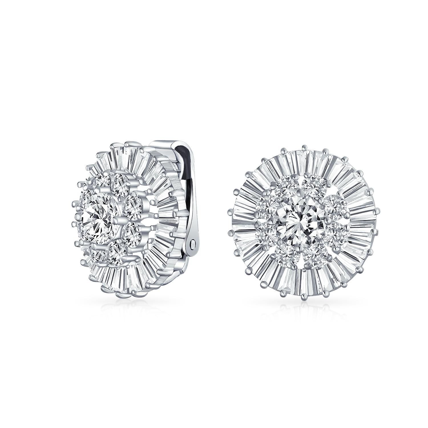 Fancy Cocktail Round CZ Baguette Clip On Earrings Non Pierced Silver Plated