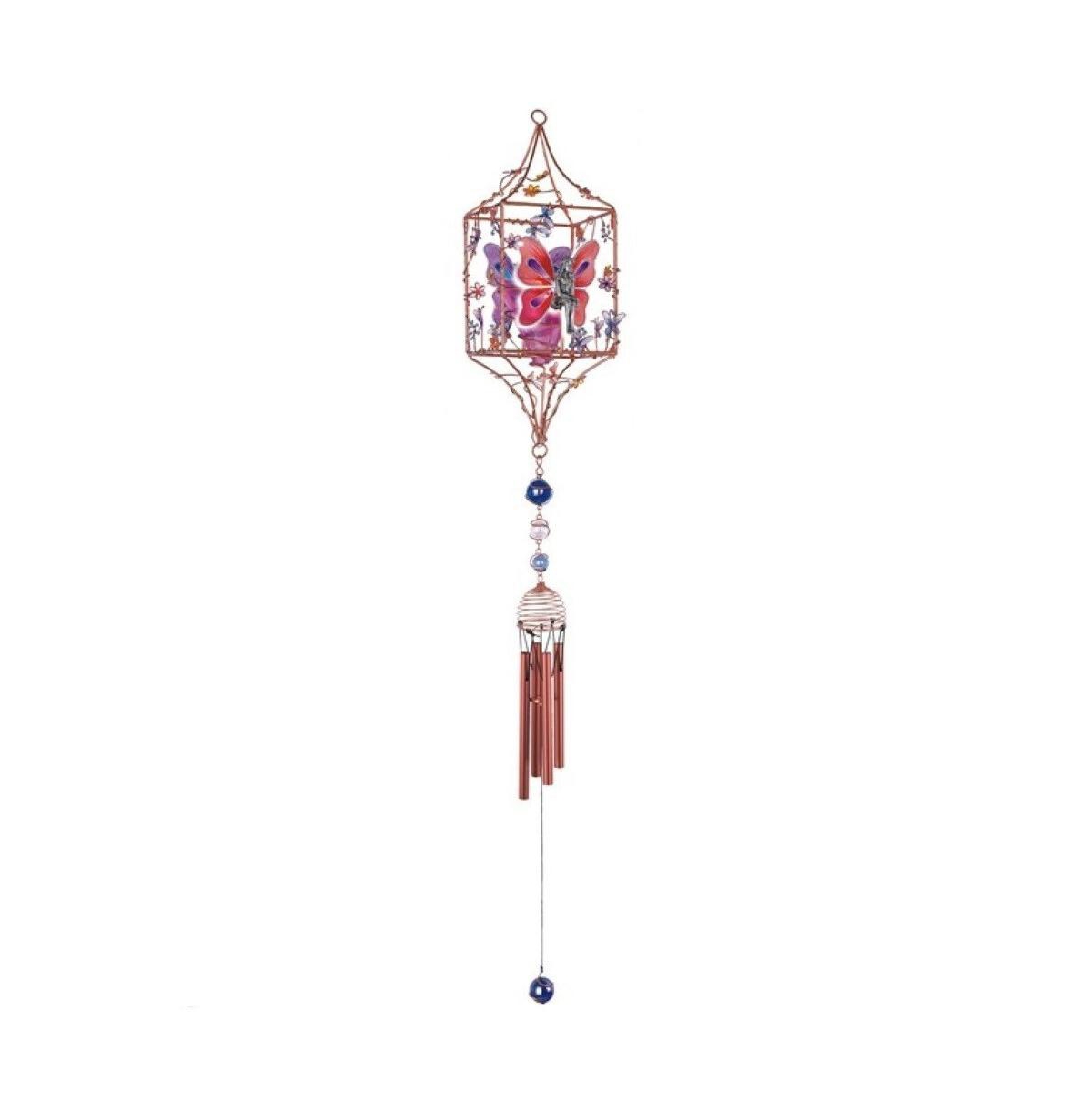 33" Long Butterfly Fairy Copper and Gem Wind Chime with Candle Holder - Multi
