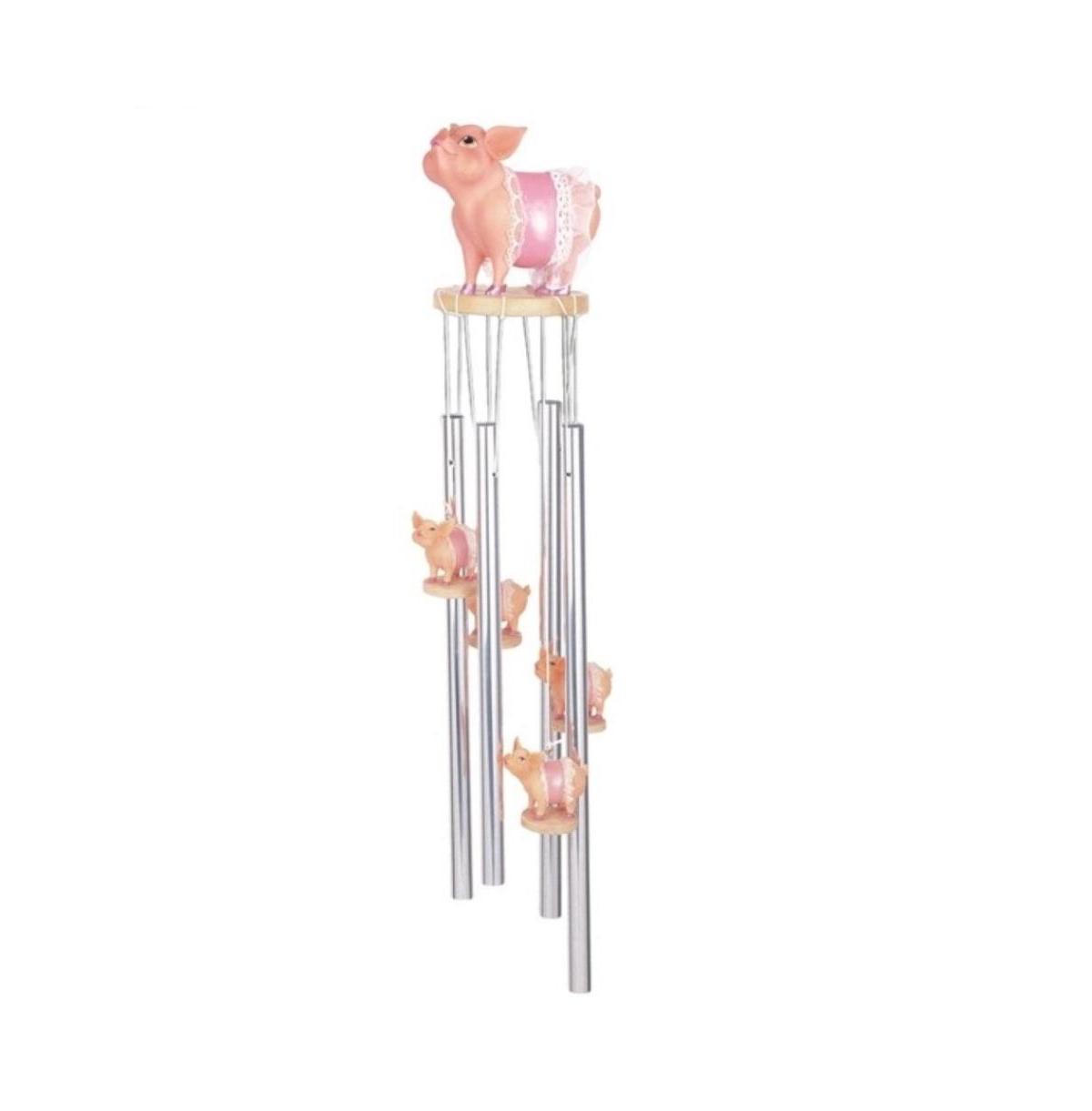 23" Long Pink Pig Round Top Wind Chime - Silver