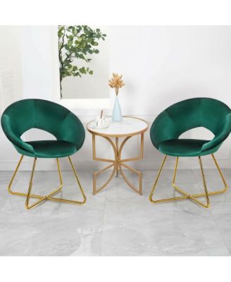 Set of 2 Accent Velvet Chairs Dining Chairs Arm Chair with Golden Legs Dark Green