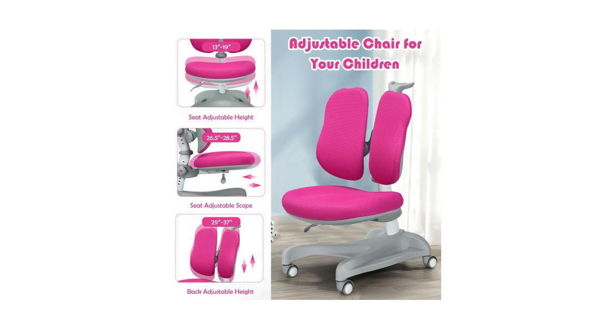 Slickblue Adjustable Height Student Chair with Sit-Brake Casters and Lumbar Support for Home and School- Pink