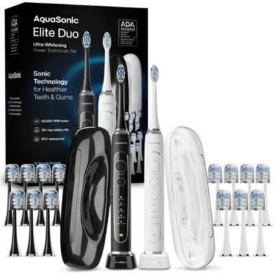 Elite Duo Rechargeable Electric Toothbrush Set – Ada Accepted, 5 Modes, 2 Travel Cases, 16 Brush Heads (Black/White) - Black/white