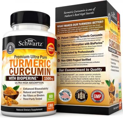 BioSchwartz Turmeric Curcumin with BioPerine 1500mg - Natural Joint Support - Non Gmo - Gluten Free - 180 Capsules