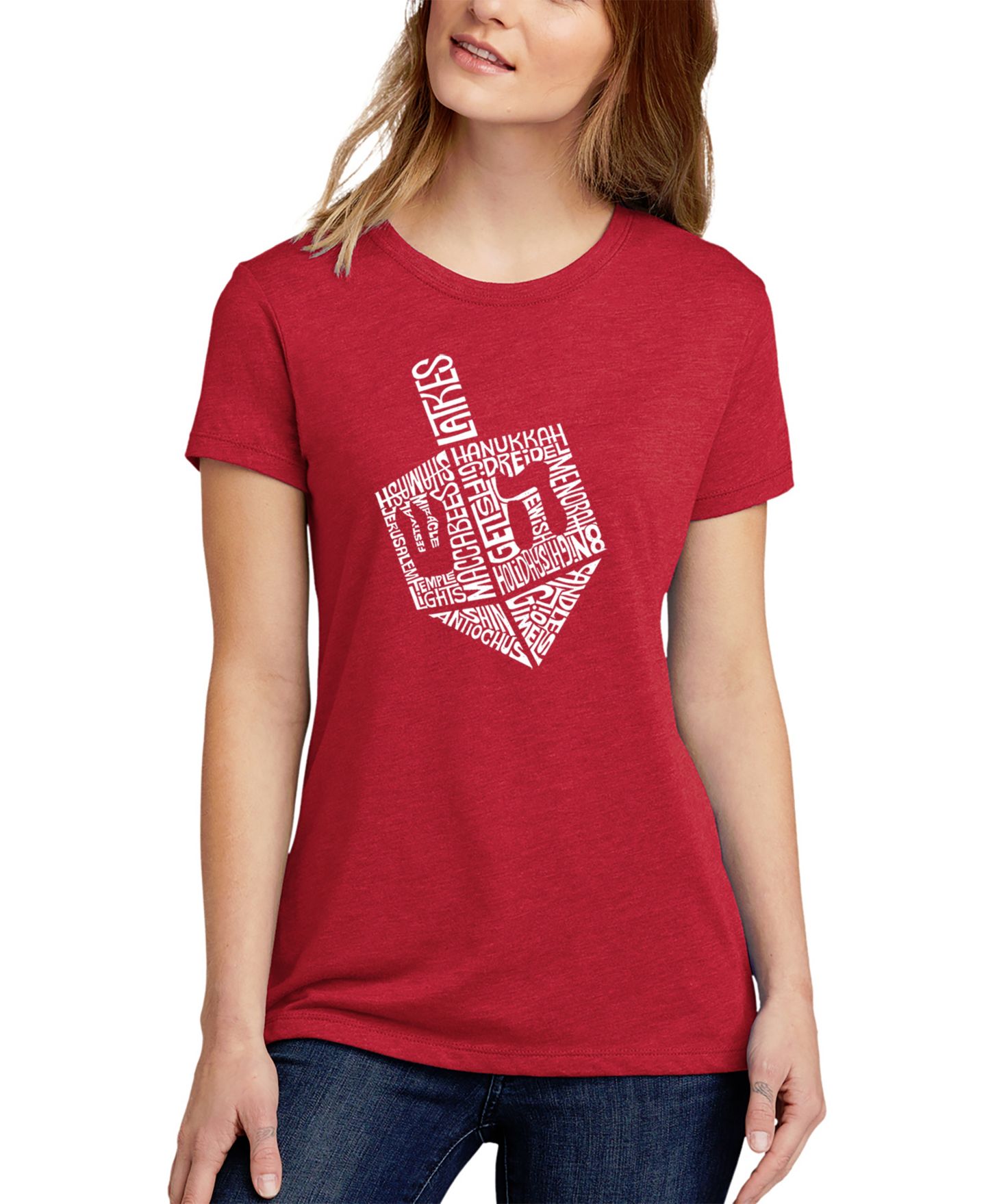 Женская футболка LA Pop Art Hanukkah Dreidel Premium Blend Word Art Short Sleeve, цвет: Красный — фото 1
