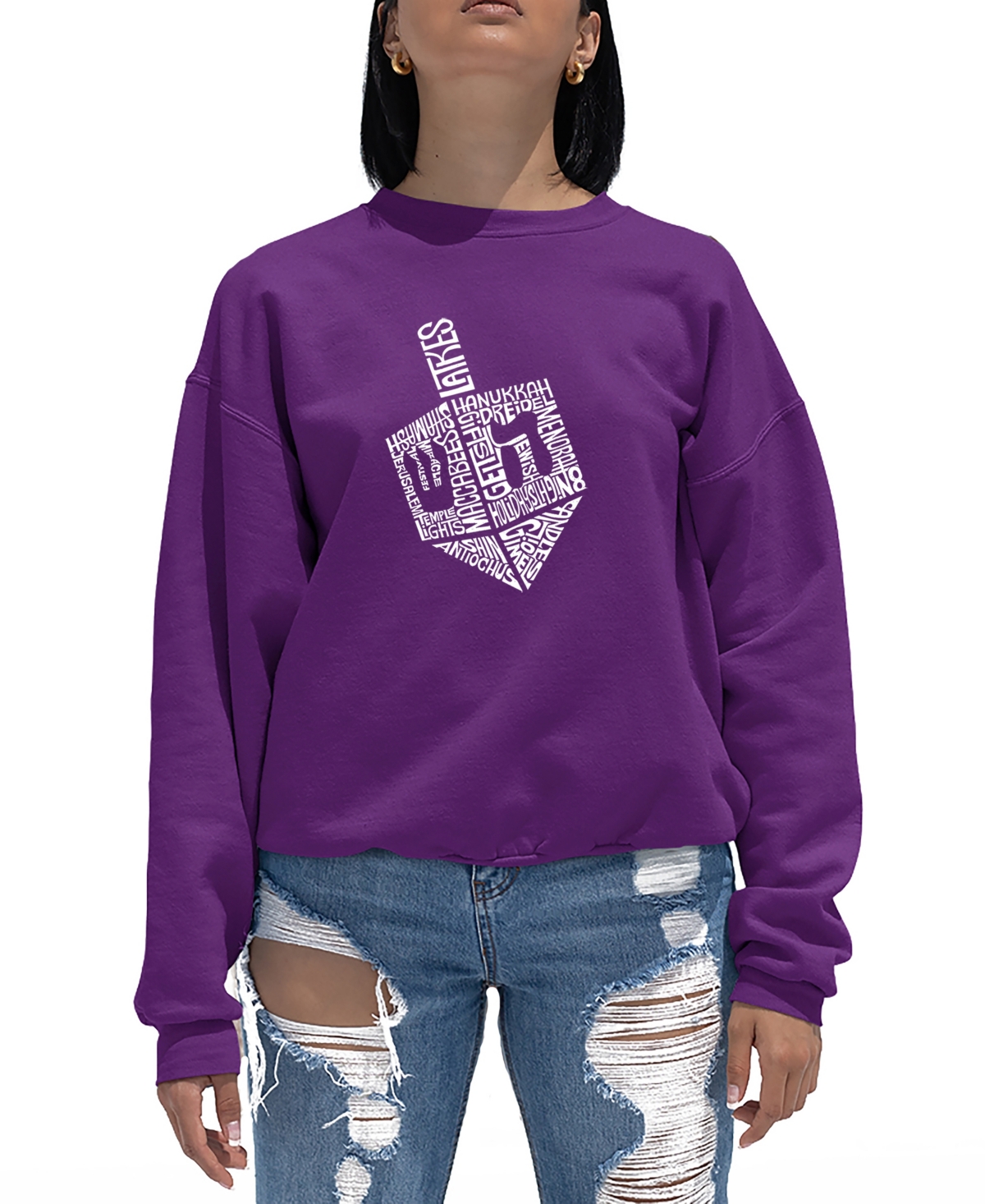 La Pop Art Women's Hanukkah Dreidel Word Art Crewneck Sweatshirt