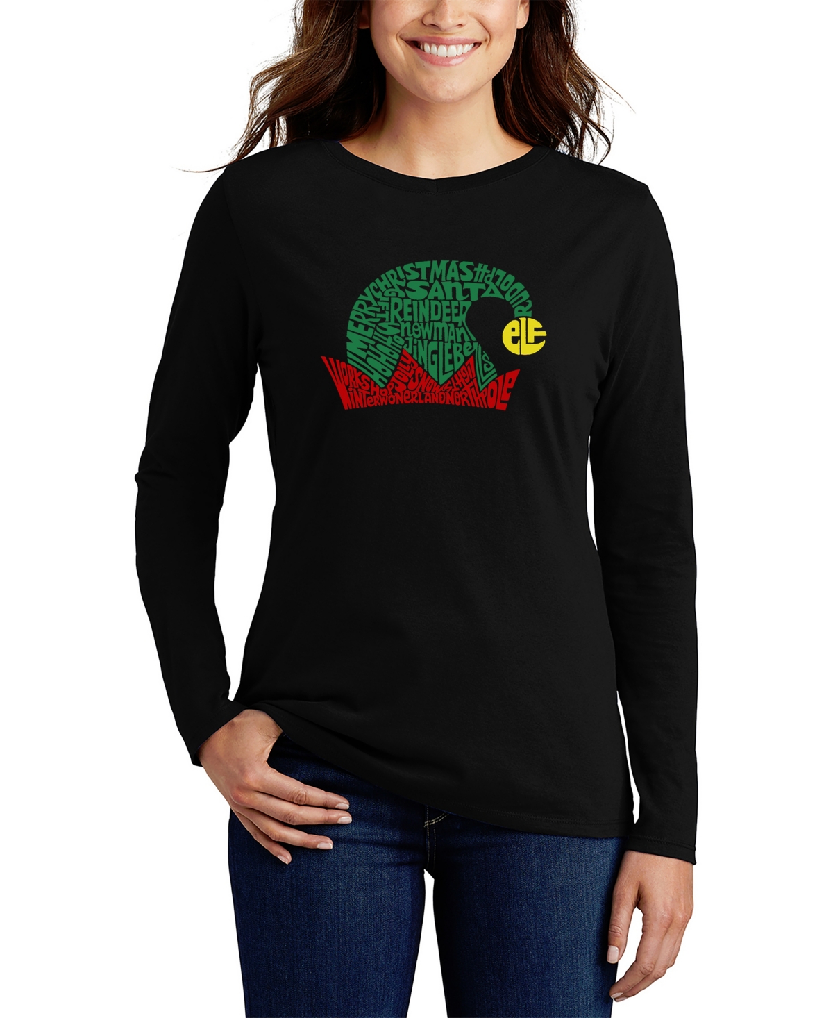 La Pop Art Women's Christmas Elf Hat Word Art Long Sleeve T-shirt In Black