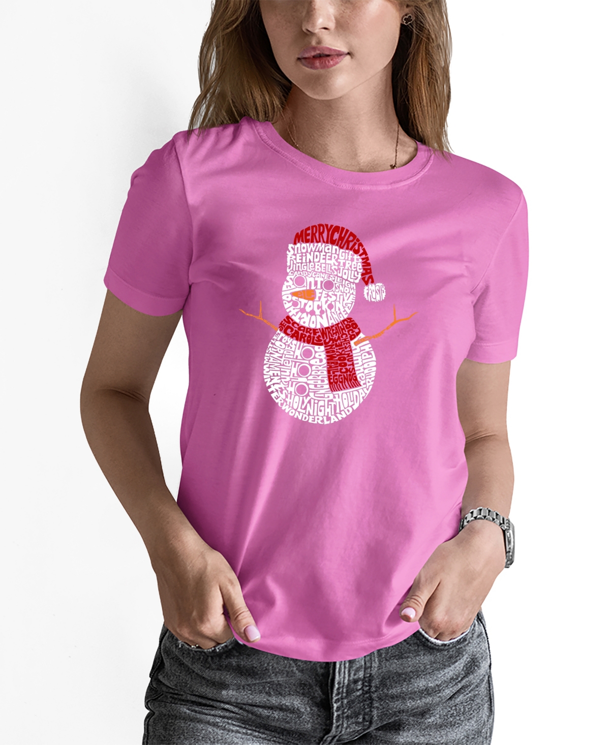 La Pop Art Women's Christmas Snowman Word Art Short Sleeve T-shirt