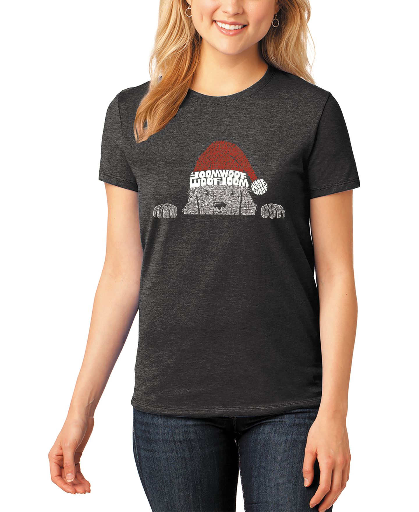 Женская футболка LA Pop Art Christmas Peeking Dog Premium Blend Word Art Short Sleeve, цвет: Чёрный — фото 1