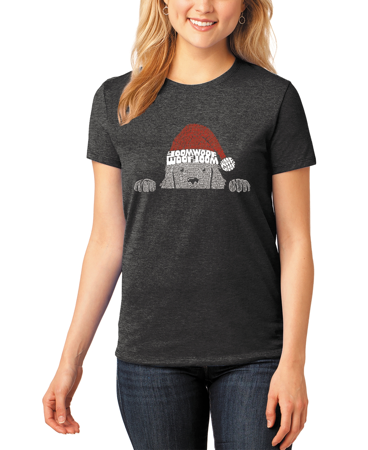 La Pop Art Women's Christmas Peeking Dog Premium Blend Word Art Short Sleeve T-shirt In Black
