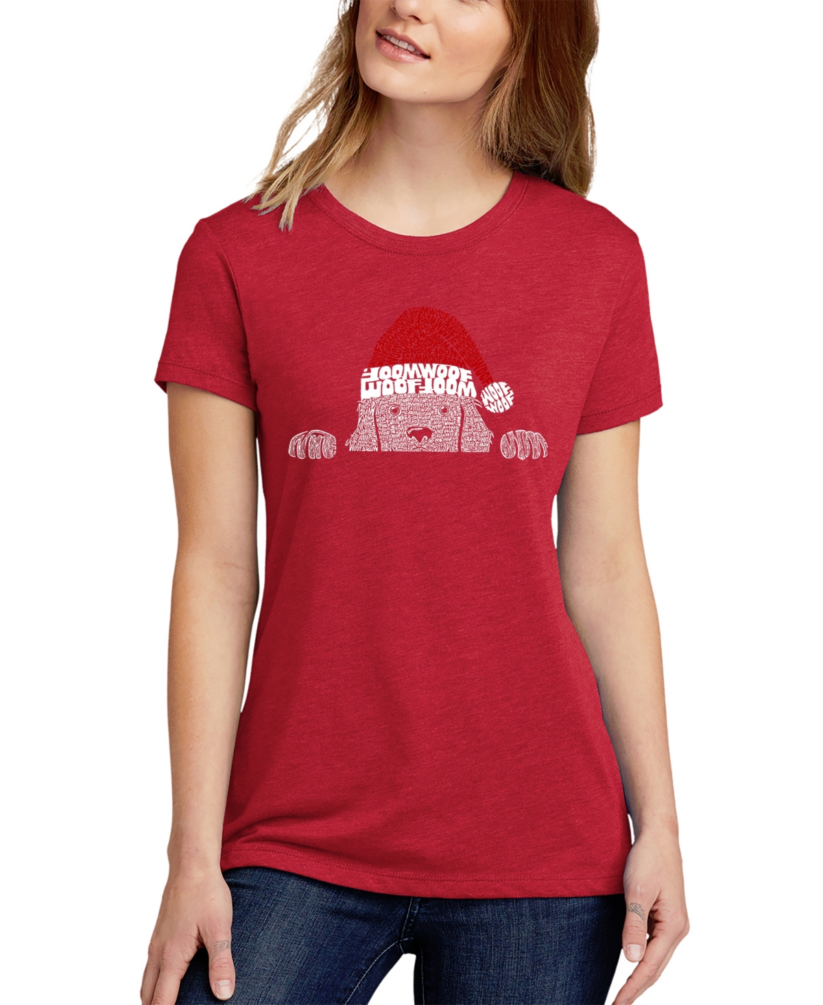 La Pop Art Women's Christmas Peeking Dog Premium Blend Word Art Short Sleeve T-shirt In Red