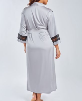 Plus Size Silky Stretch Satin Long Robe with Lace Trims