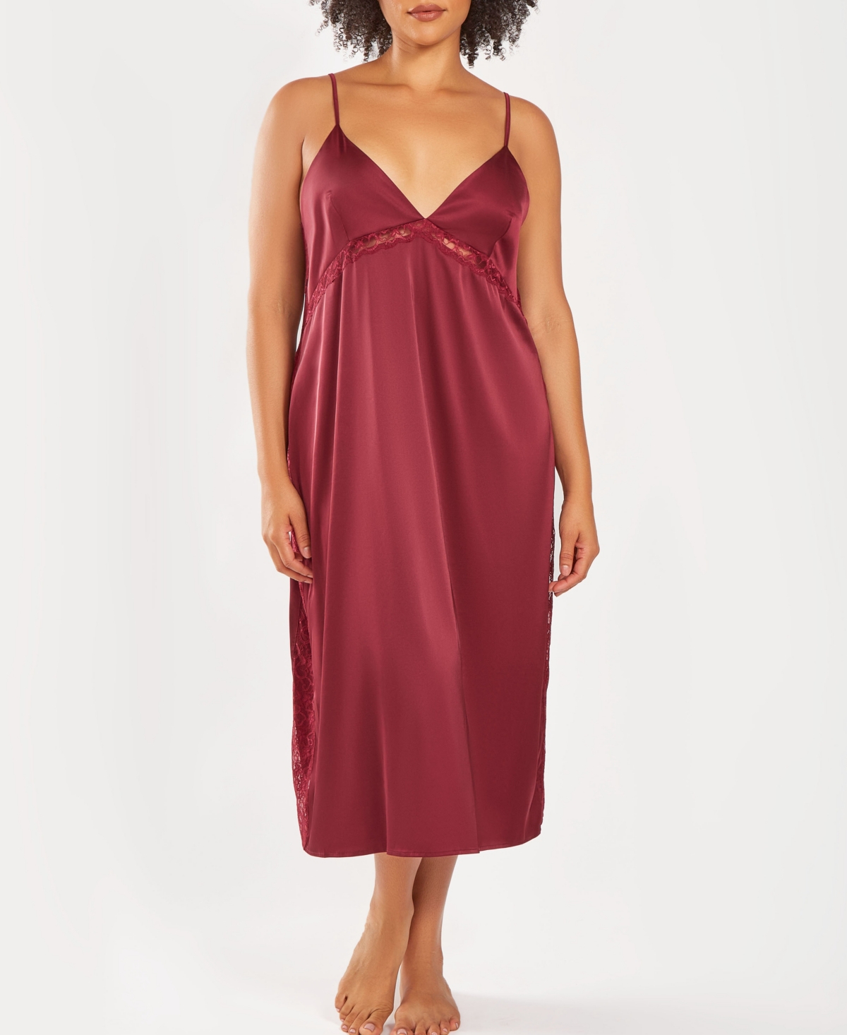 Plus Size Silky Open Back Nightgown with Lace Trims - Wine