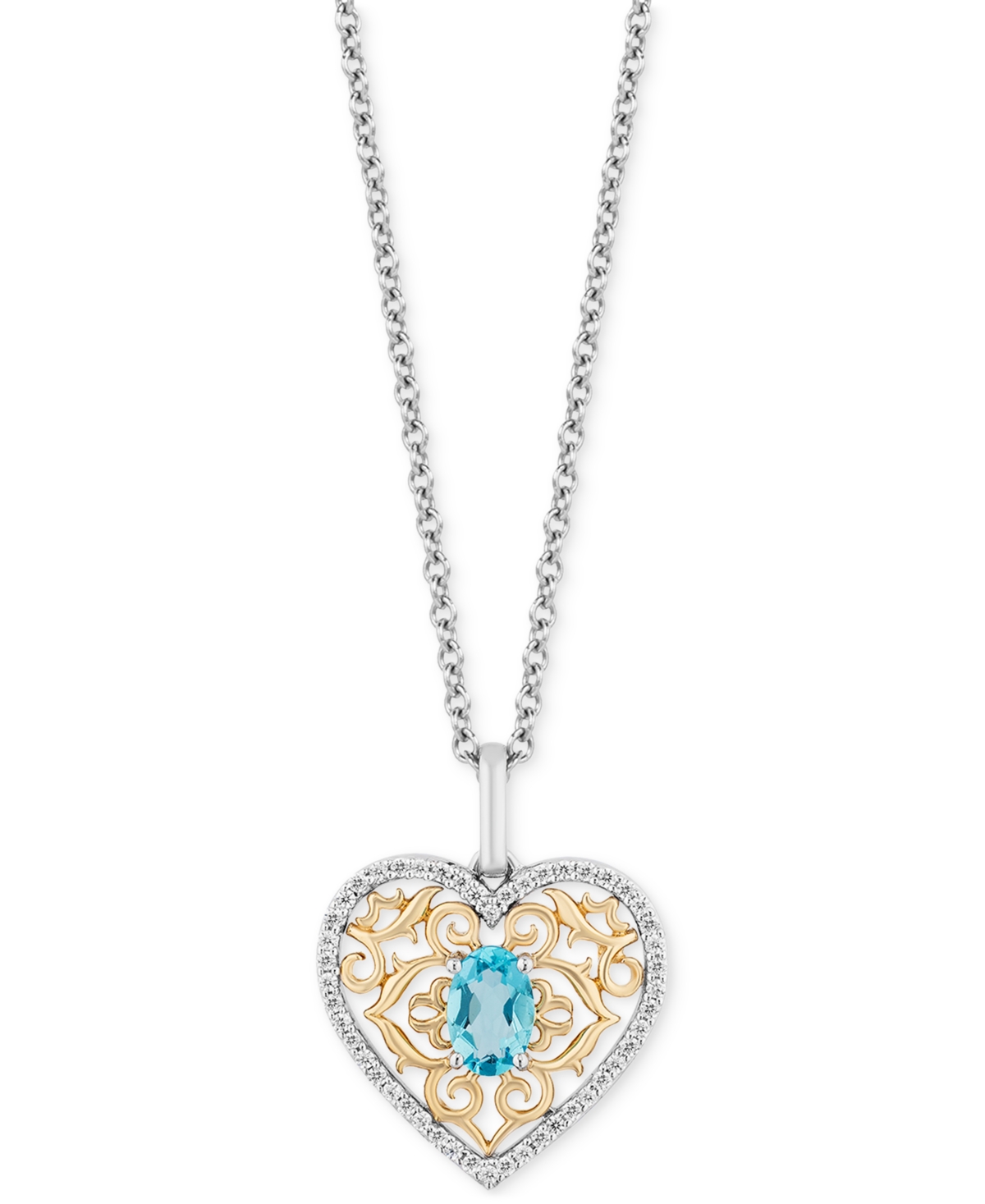 Enchanted Disney Fine Jewelry Swiss Blue Topaz (5/8 Ct. T.w.) & Diamond (1/6 Ct. T.w.) Princess Heart Filigree Pendant Necklace In In Two Tone