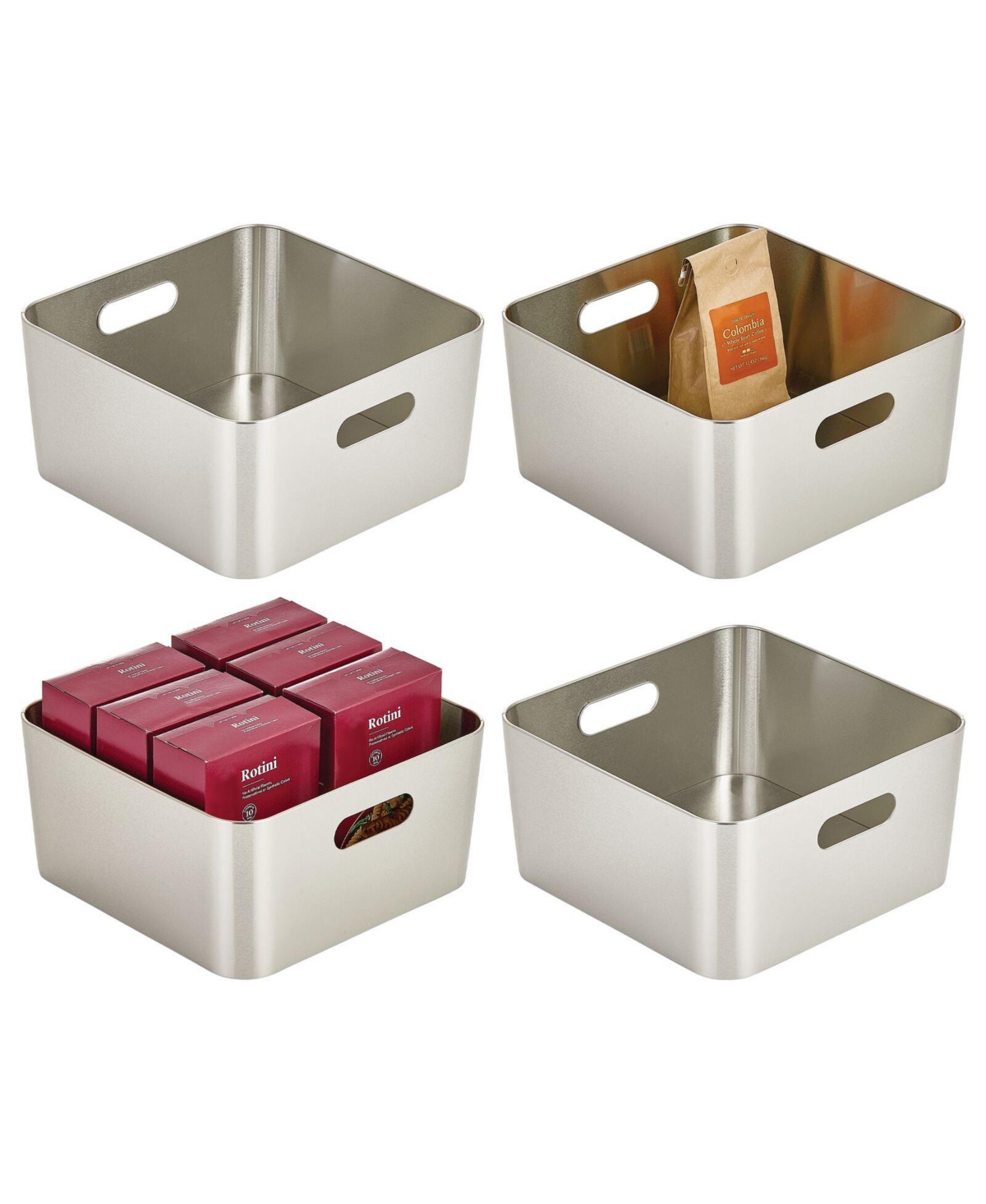 mDesign Medium Metal Kitchen Storage Bin with Handles, 4 Pack, Brushed Chrome