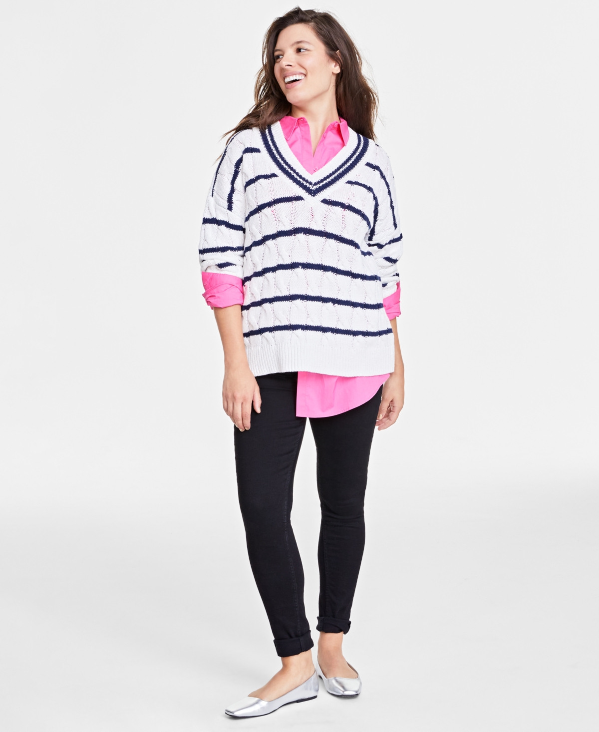 On 34th Women's V-neck Cable-knit Rugby Sweater, Created For Macy's In Intrepid Blue