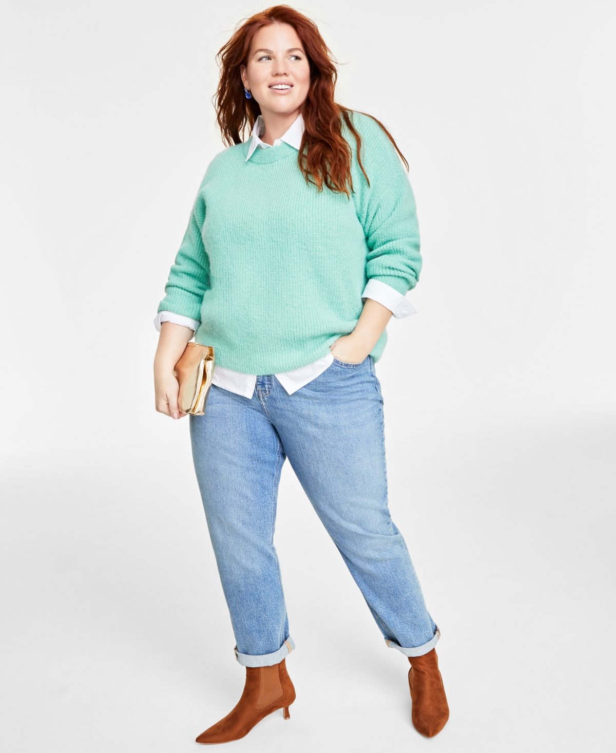 ON 34TH PLUS SIZE CREWNECK LONG-SLEEVE SHAKER SWEATER, CREATED FOR MACY'S