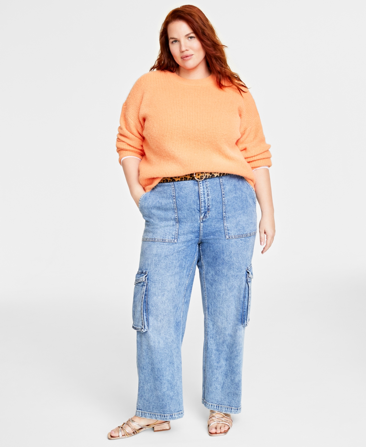 ON 34TH PLUS SIZE CREWNECK LONG-SLEEVE SHAKER SWEATER, CREATED FOR MACY'S