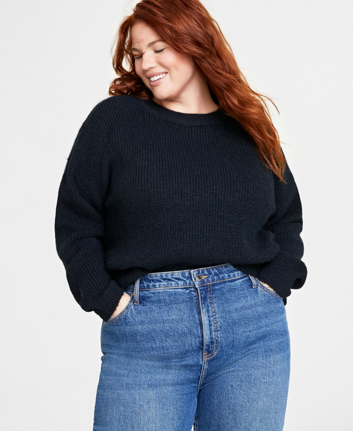 On 34th Plus Size Crewneck Long-sleeve Shaker Sweater, Created For Macy's In Deep Black
