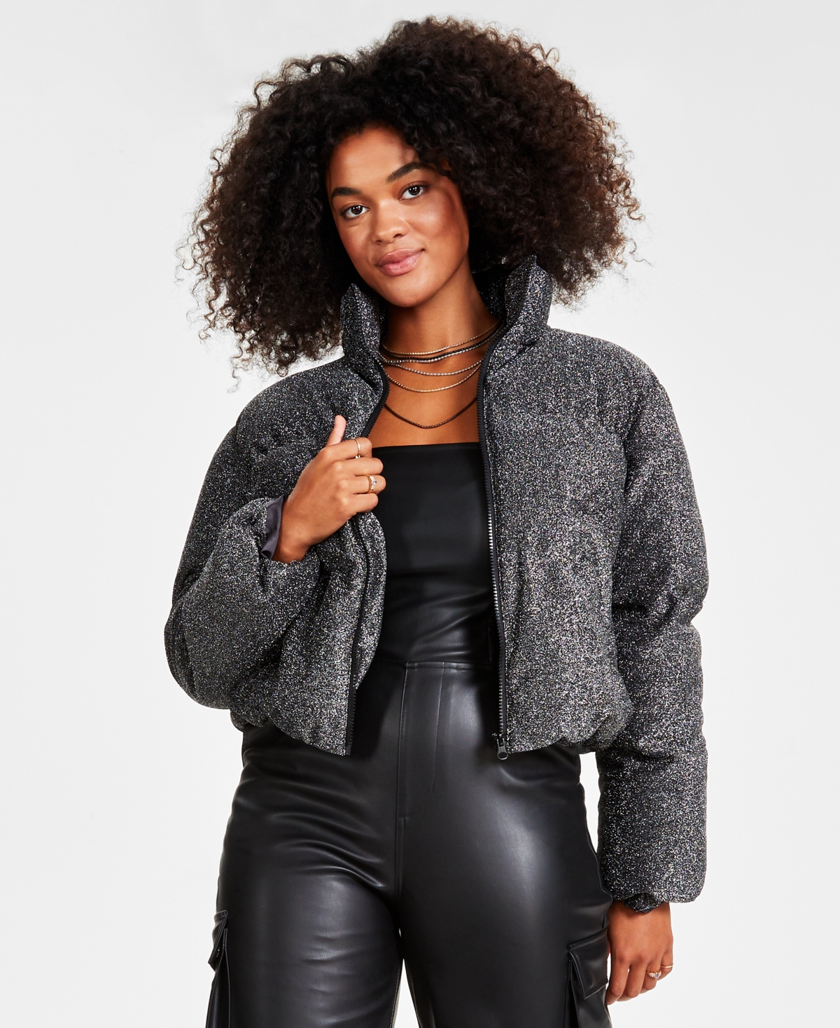 Women's Sparkle Cropped Puffer Jacket, Created for Macy's - Silver