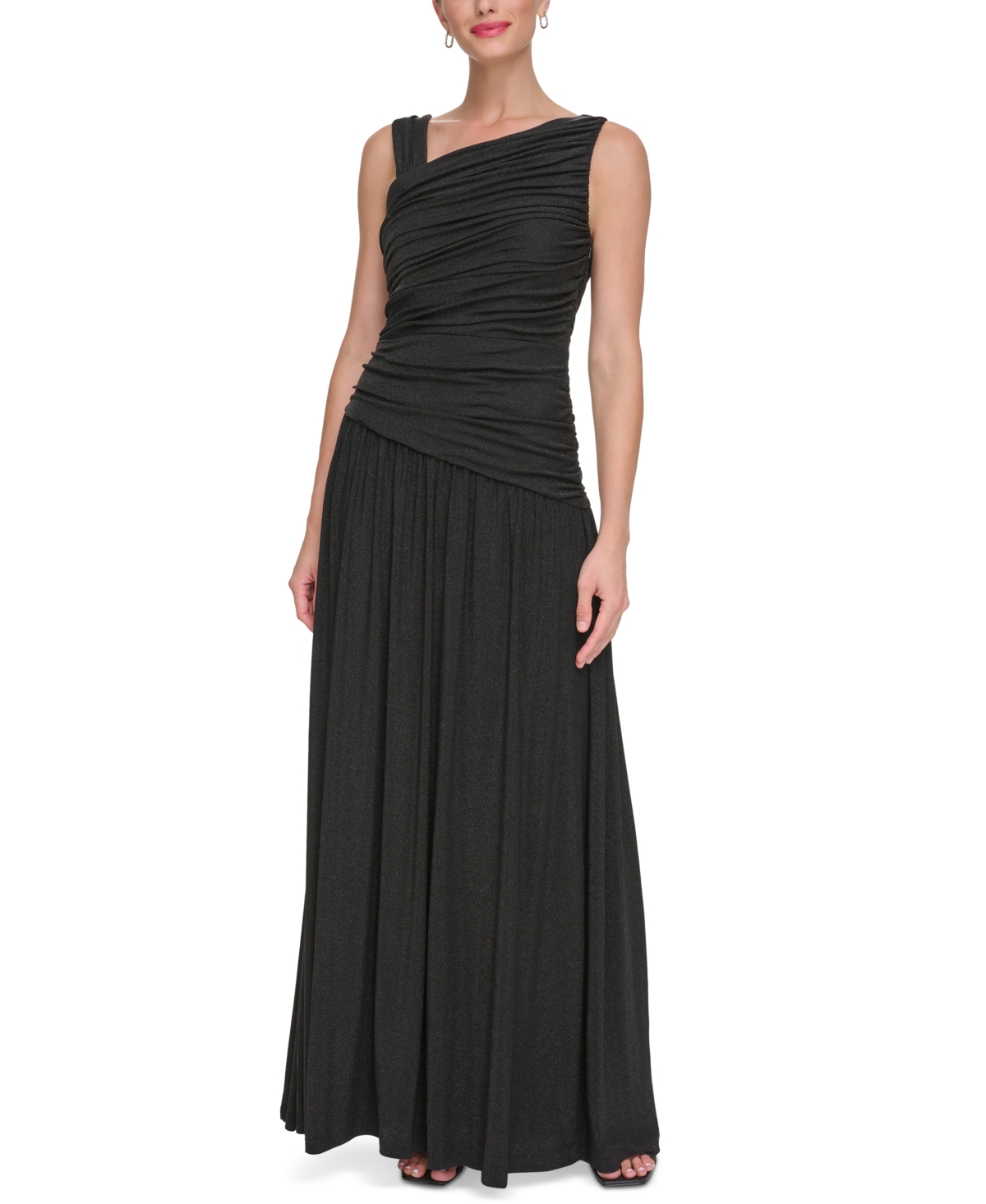 Dkny Women's Metallic-knit Asymmetric-neck Gown In Black