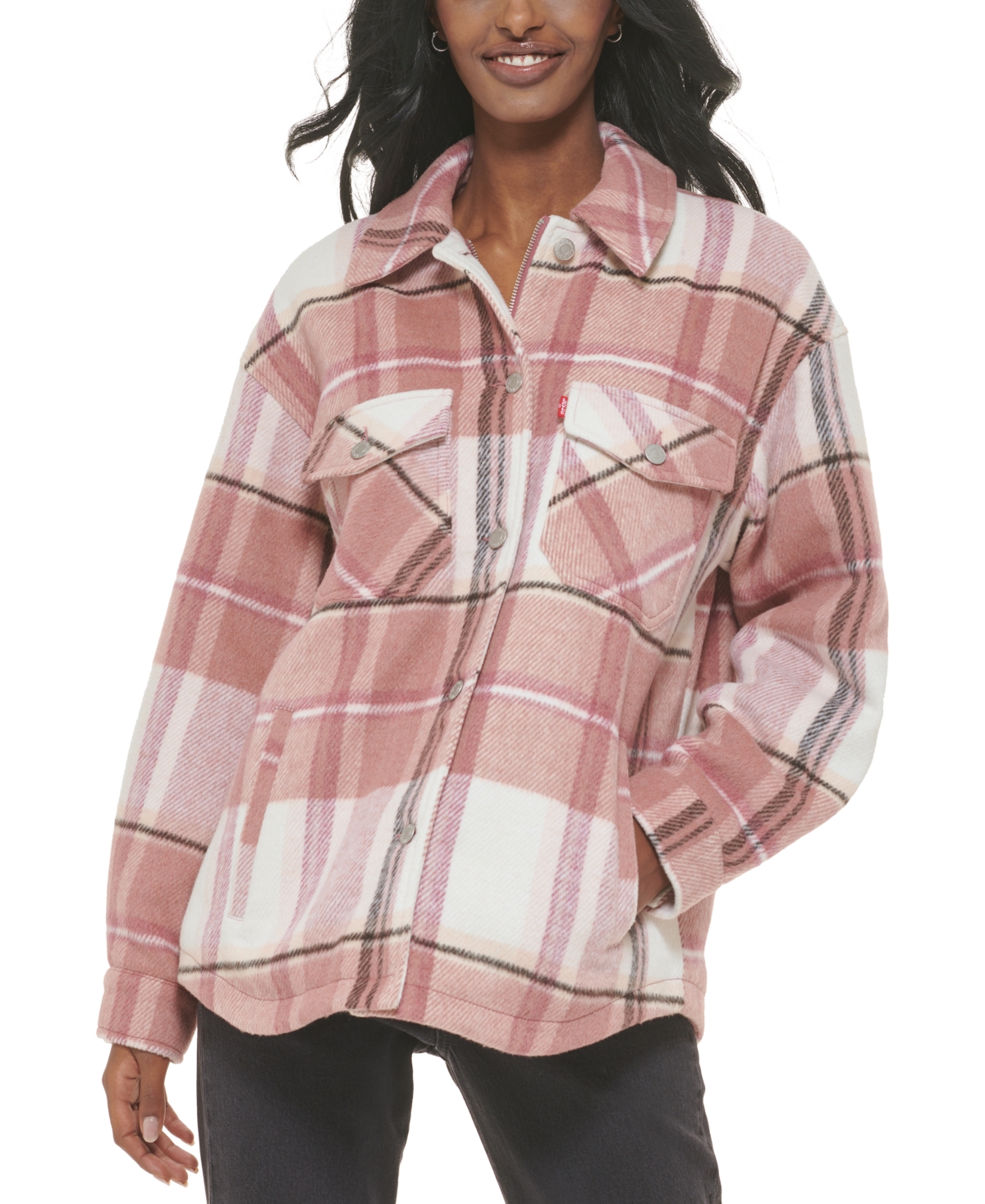 Women's Plaid Buttoned Zip-Front Shacket - Cameo Pink