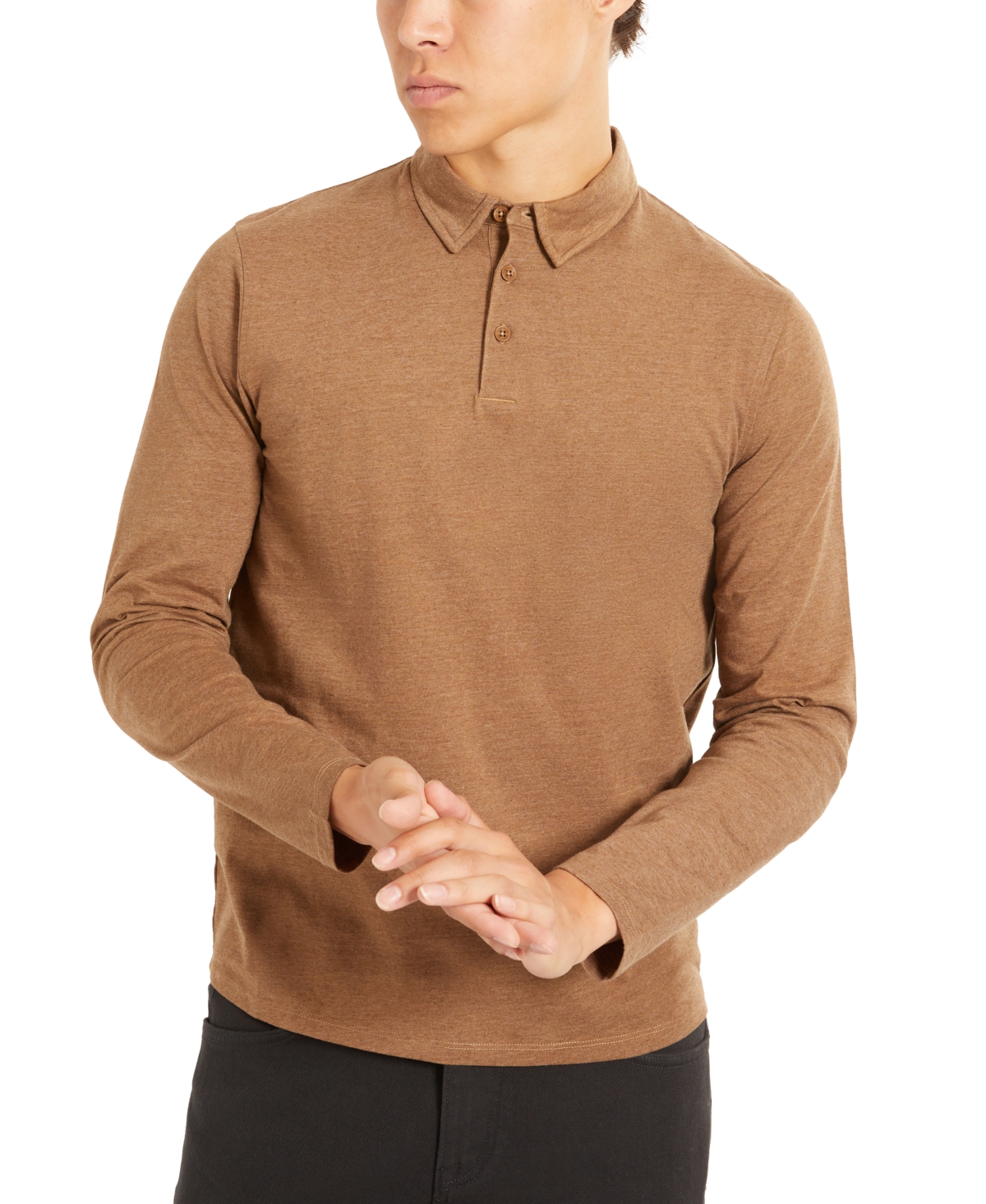 Kenneth Cole Men's Classic Fit Performance Stretch Long Sleeve Polo Shirt In Heather Brown