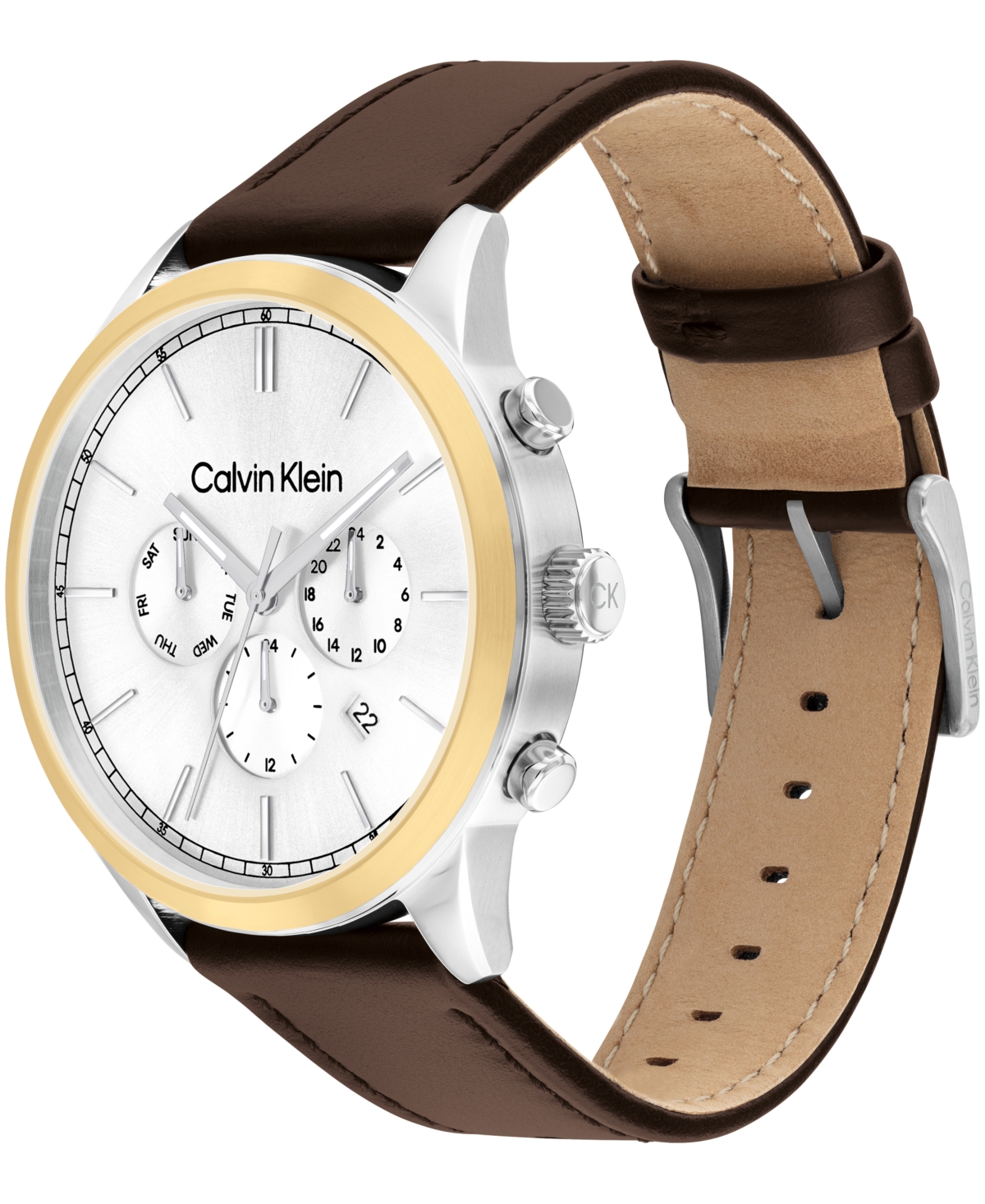 Calvin Klein Men's Multi-Function Brown Leather Strap Watch 44mm