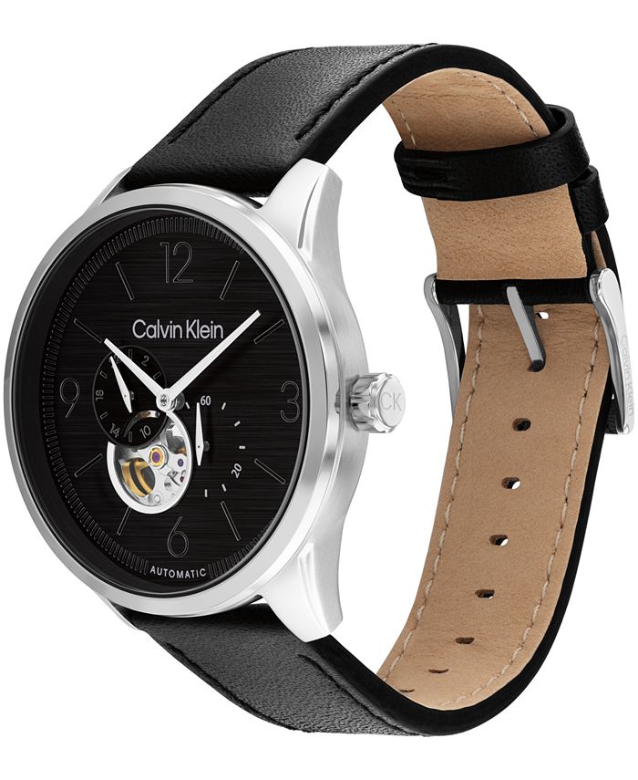 Calvin Klein Men's Automatic Black Leather Strap Watch 44mm - Macy's