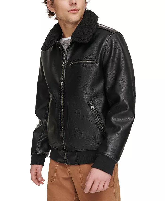 Men's Sherpa Collar Faux Leather Bomber Jacket - thumbnail 10