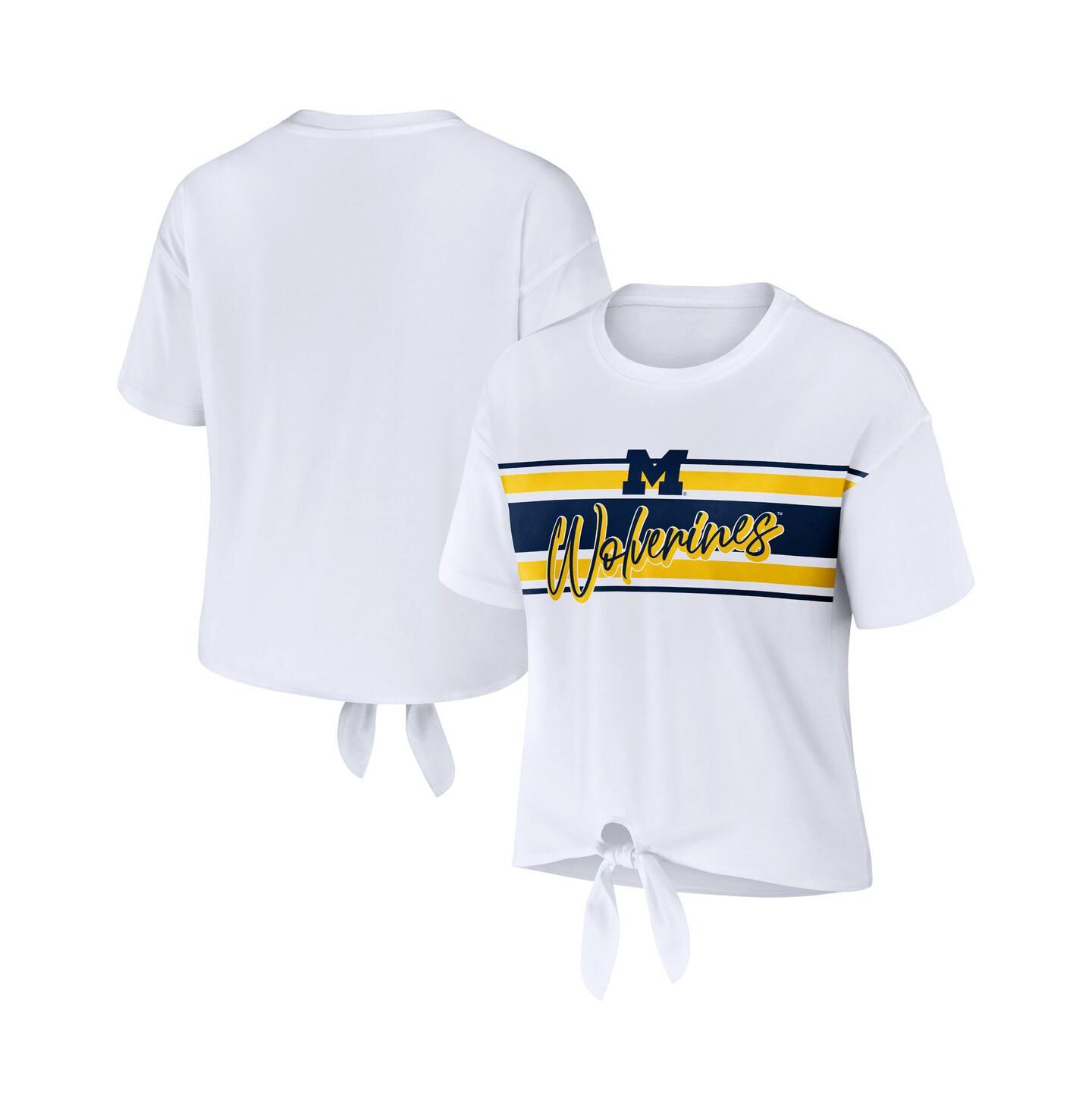 Женская футболка WEAR by Erin Andrews White Michigan Wolverines Striped Front Knot Cropped — фото 1