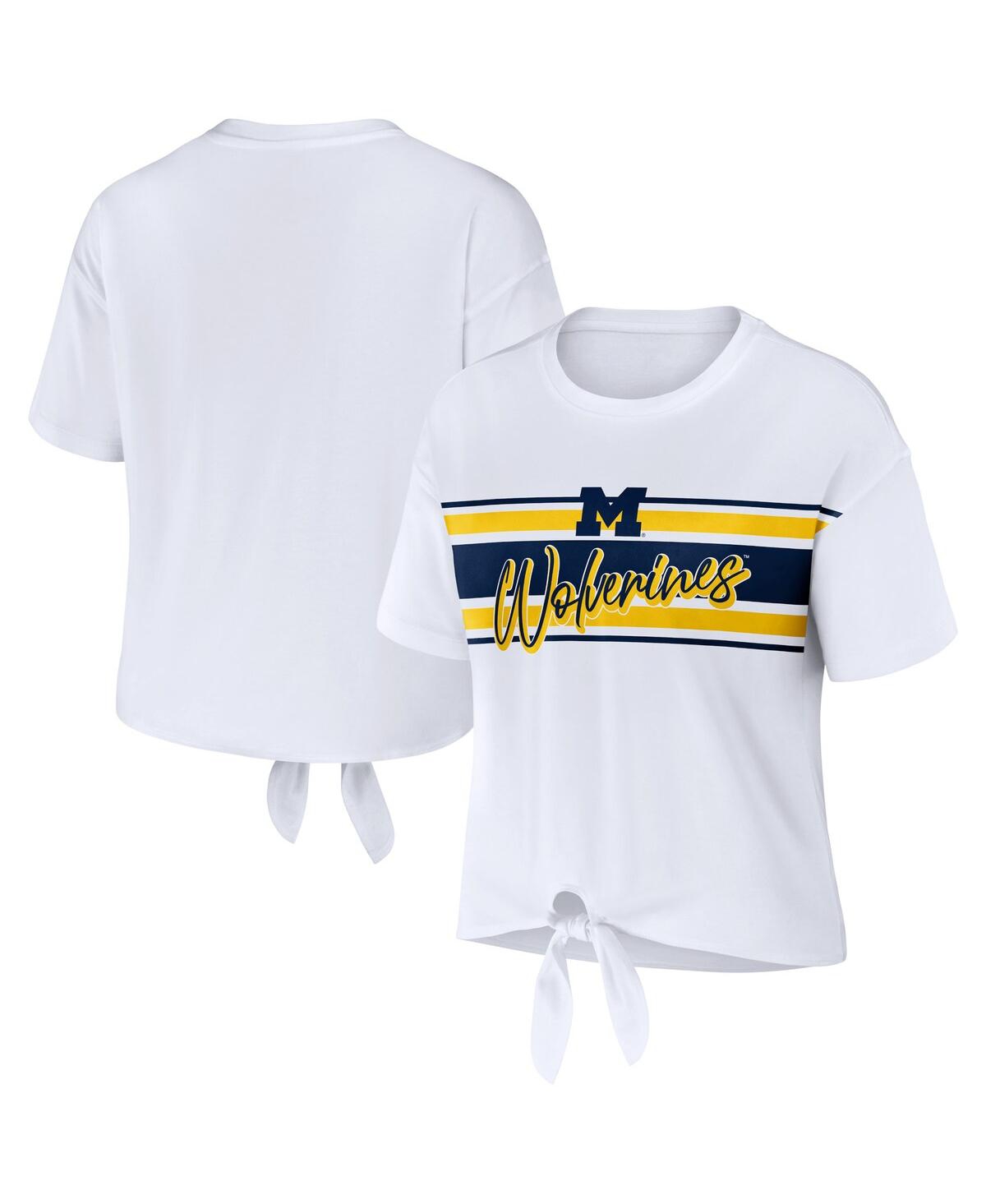 WEAR BY ERIN ANDREWS WOMEN'S WEAR BY ERIN ANDREWS WHITE MICHIGAN WOLVERINES STRIPED FRONT KNOT CROPPED T-SHIRT