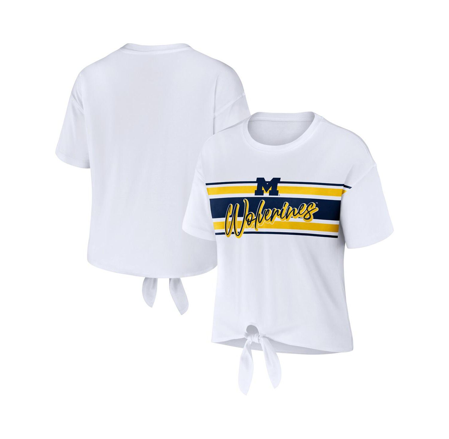 Women's White Michigan Wolverines Striped Front Knot Cropped T-shirt