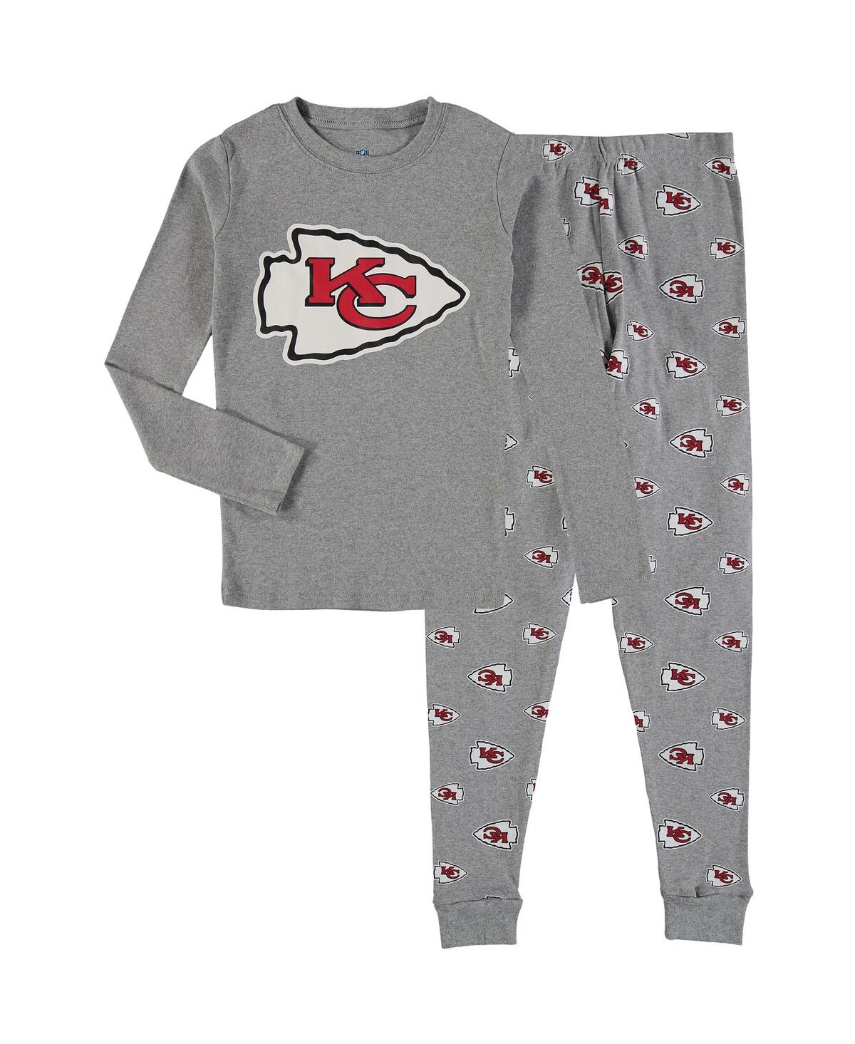 Outerstuff Big Boys Heathered Gray Kansas City Chiefs Long Sleeve T-shirt And Pants Sleep Set In Gray