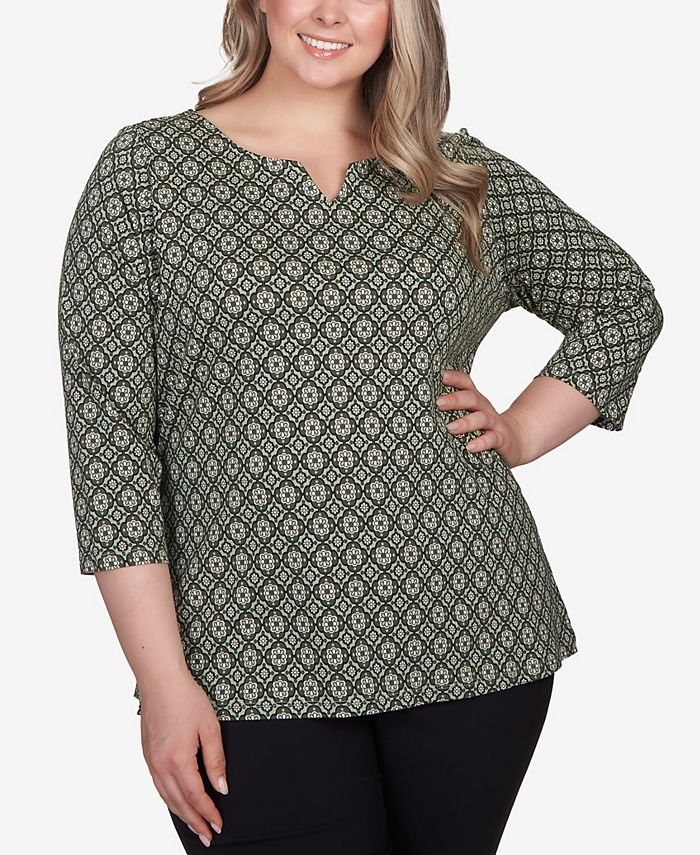 HEARTS OF PALM Plus Size All About Olive Printed 3/4 Sleeve Jersey Top