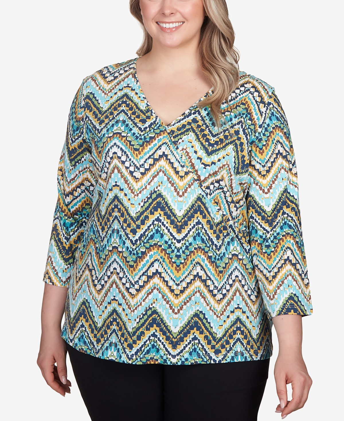 Plus Size Teal The Show Printed 3/4 Sleeve Top - Cocoa Multi