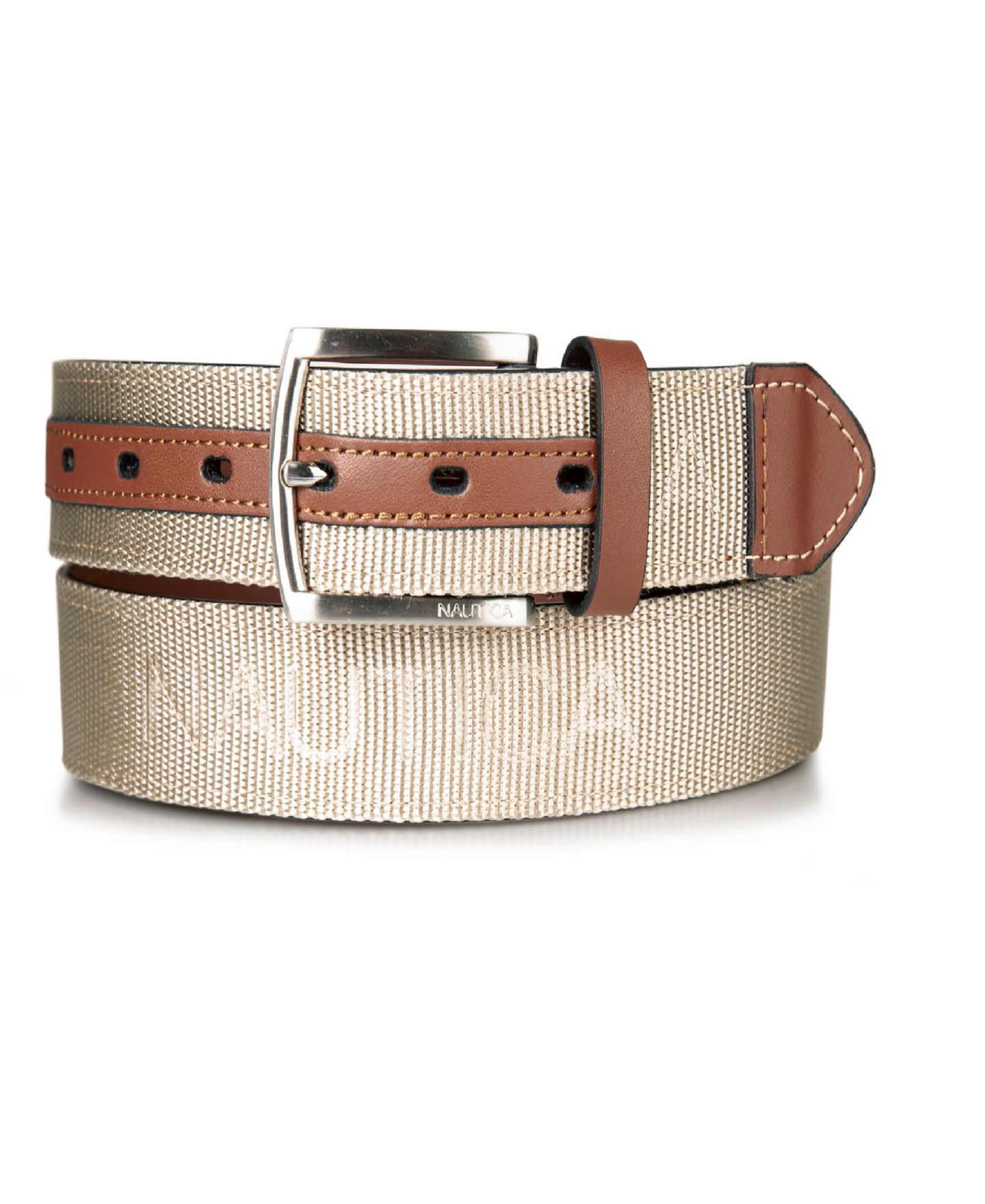 Мужской ремень Nautica Leather Tab Signature Webbing Logo Belt, цвет: Хаки — фото 1