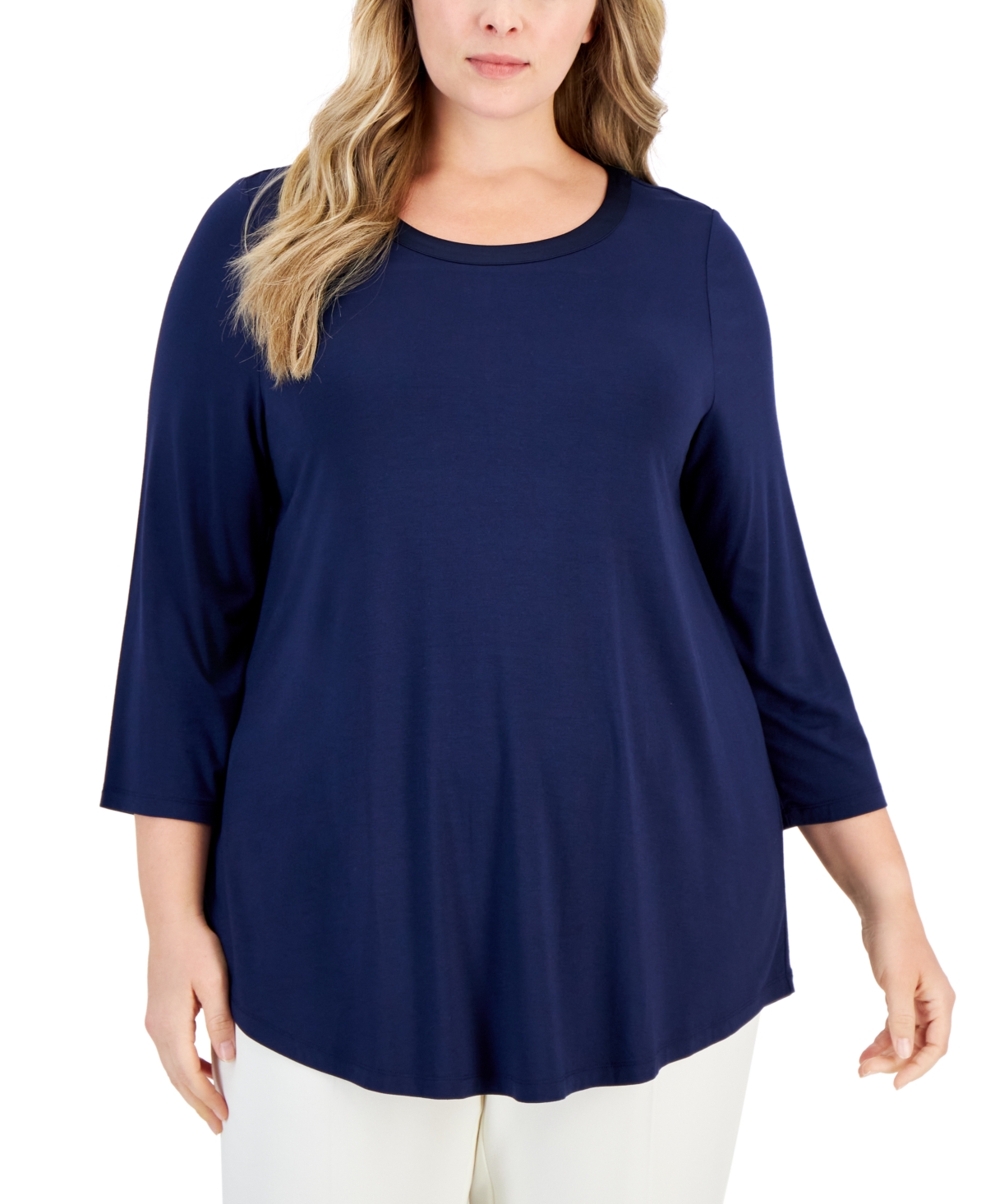 Jm Collection Plus Size Satin-trim Top, Created For Macy's In Intrepid Blue