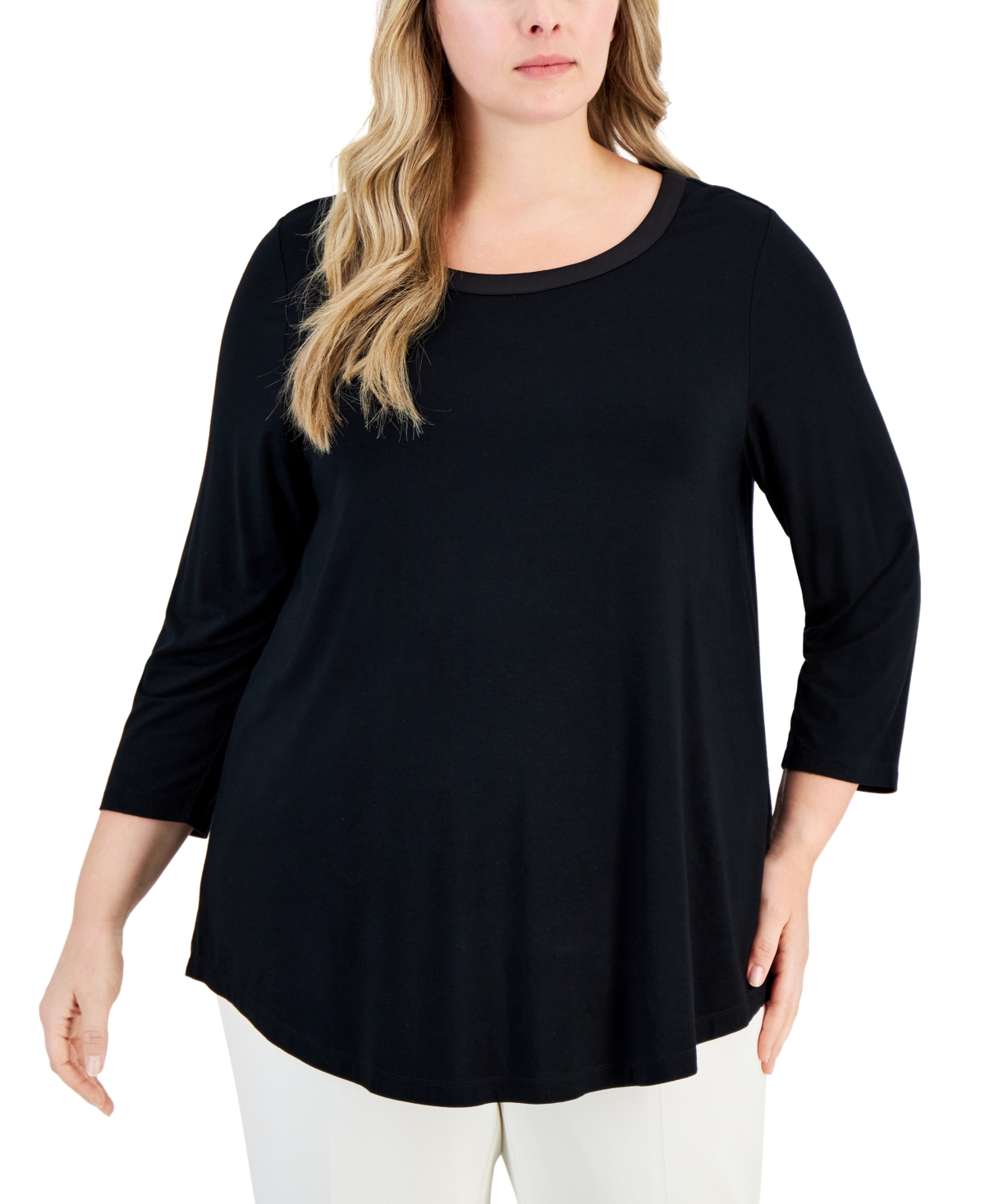 Jm Collection Plus Size Satin-trim Top, Created For Macy's In Deep Black