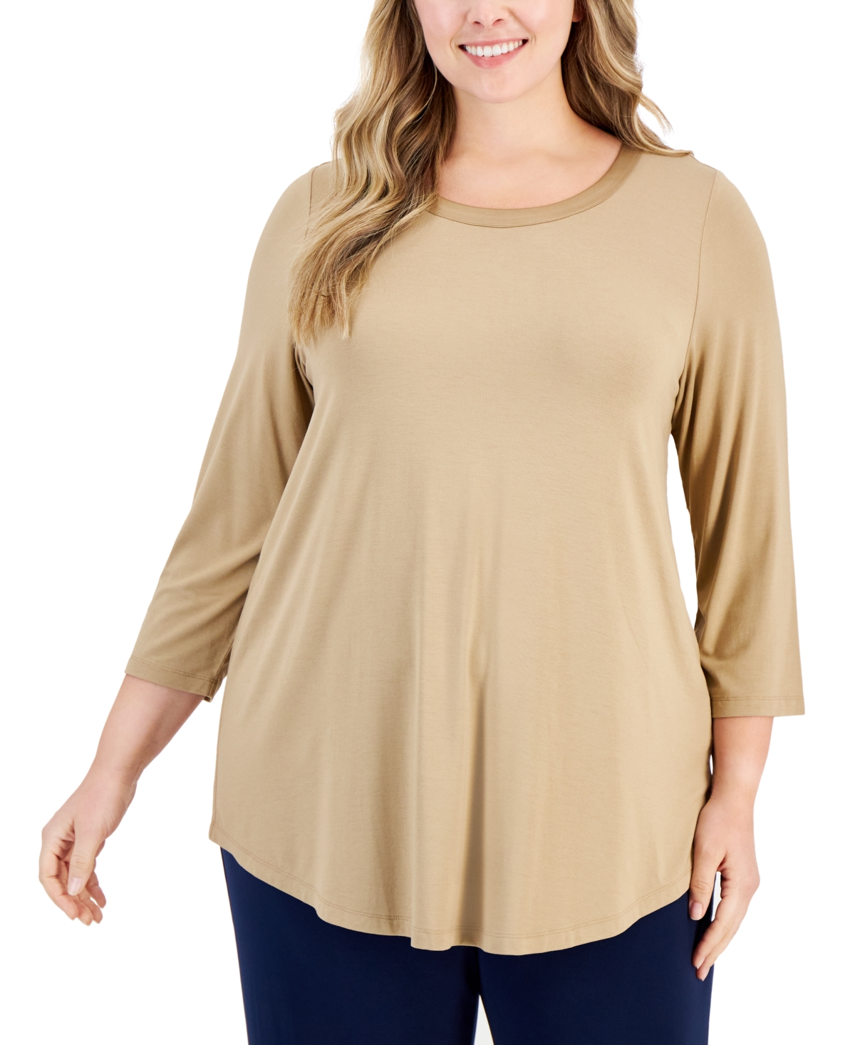 Jm Collection Plus Size Satin-trim Top, Created For Macy's In New Fawn