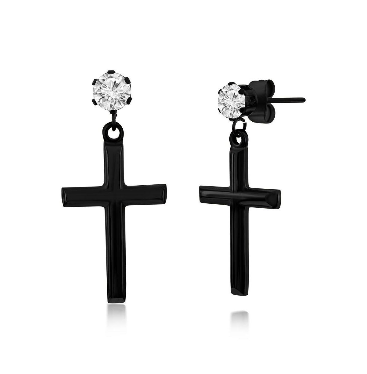 Stainless Steel Polished Cross & Cz Earrings - Black
