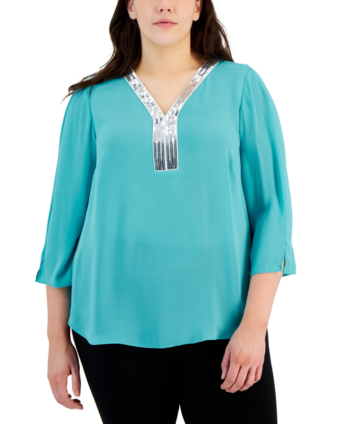 Plus Size Sequined-Neck 3/4-Sleeve Top, Created for Macy's - Light Lavender