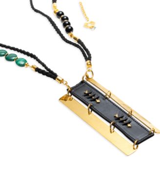 18k Gold-Plated Mixed Gemstone & Faux Leather Statement Pendant Necklace, 42" + 10" extender
