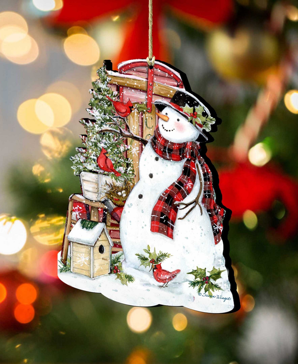 Shop Designocracy Holiday Wooden Ornaments Snowman With Cardinals Home Decor Set Of 2 S. Winget In Multi Color