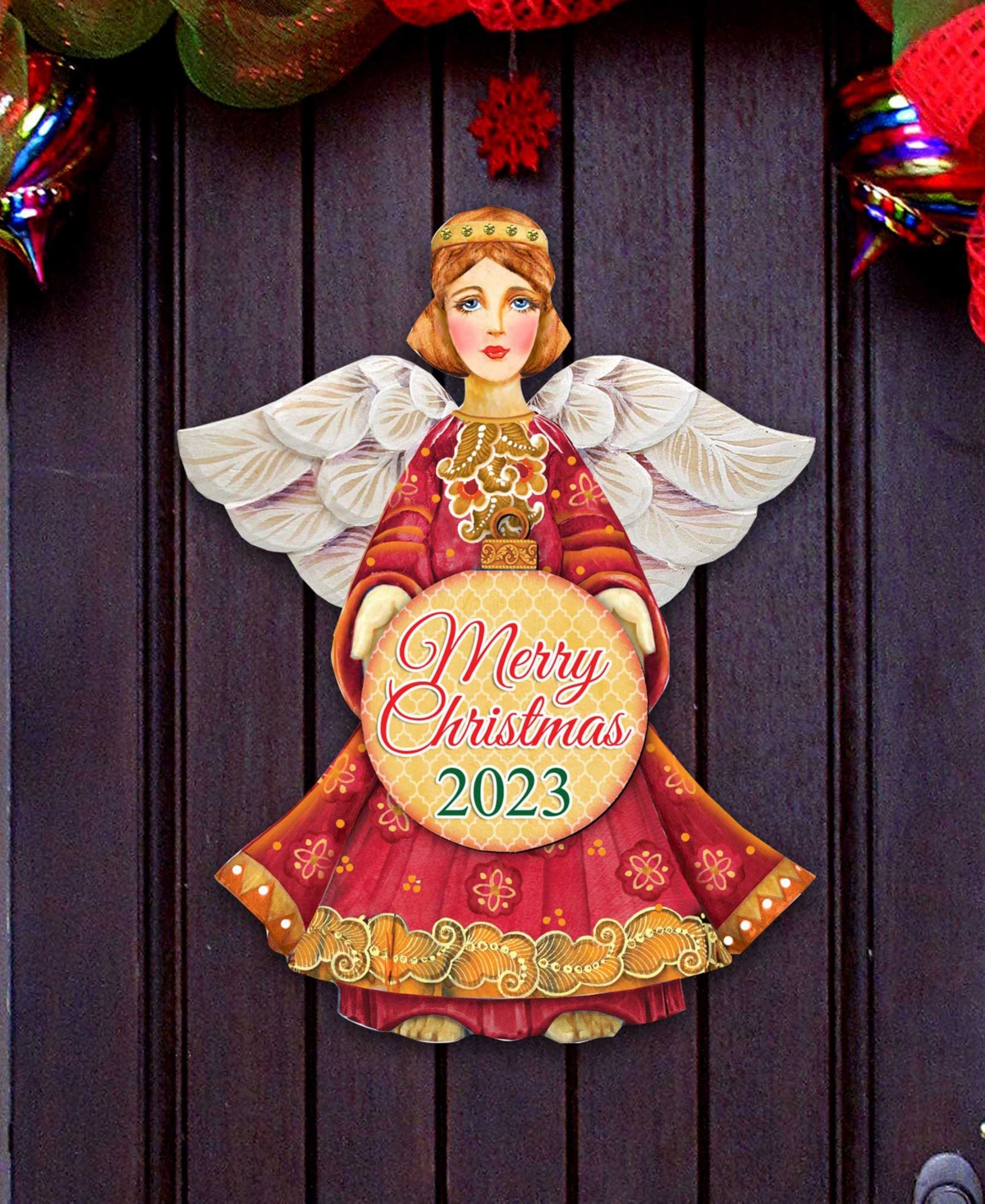 Designocracy 2023 Dated Merry Christmas Wooden Door Hanger Door Decor G. Debrekht In Multi Color