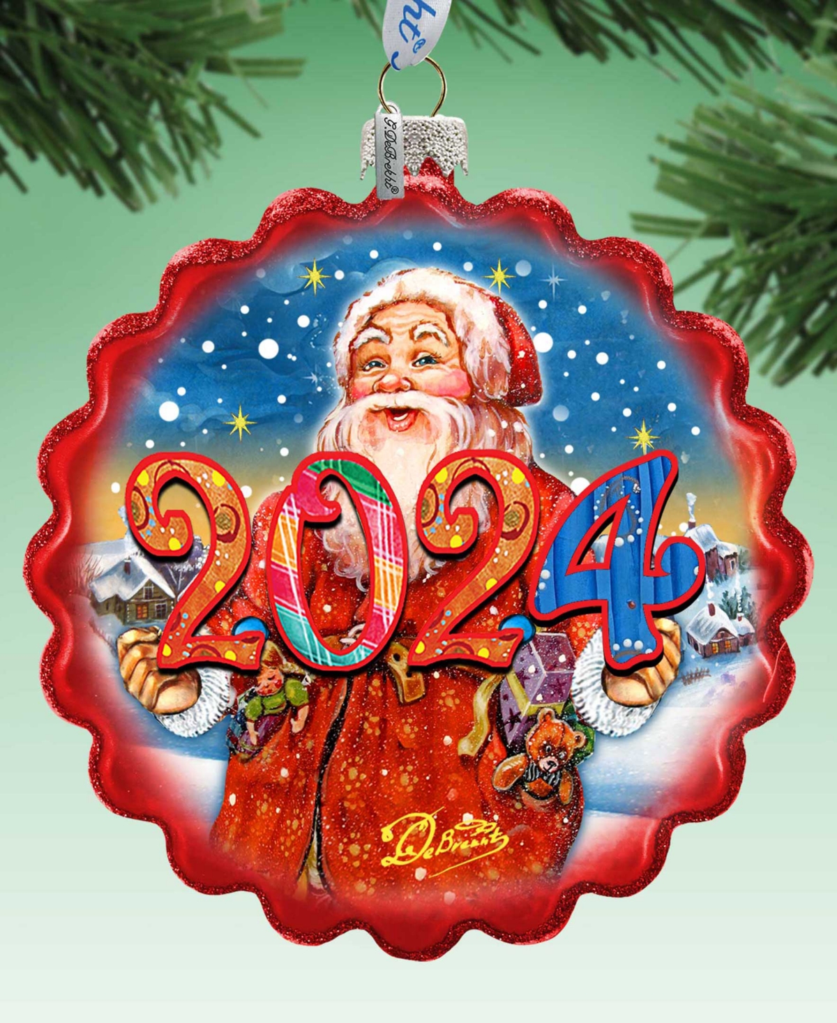 Designocracy 2024 Dated Celebration Santa Wreath Glass Christmas Ornaments G. Debrekht In Multi Color
