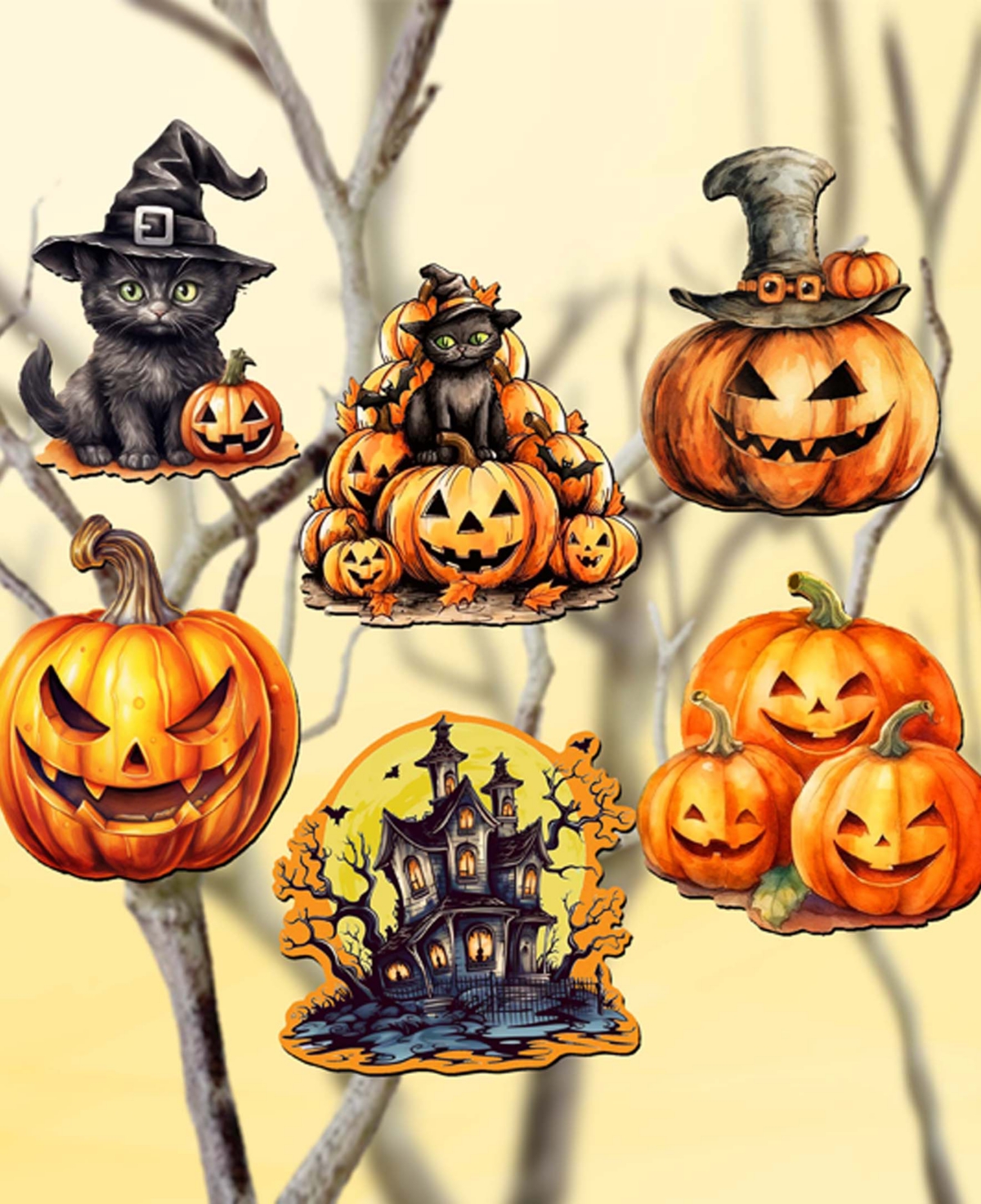 Designocracy Holiday Wooden Clip-on Ornaments Spooky Pumpkins Set Of 6 G. Debrekht In Multi Color