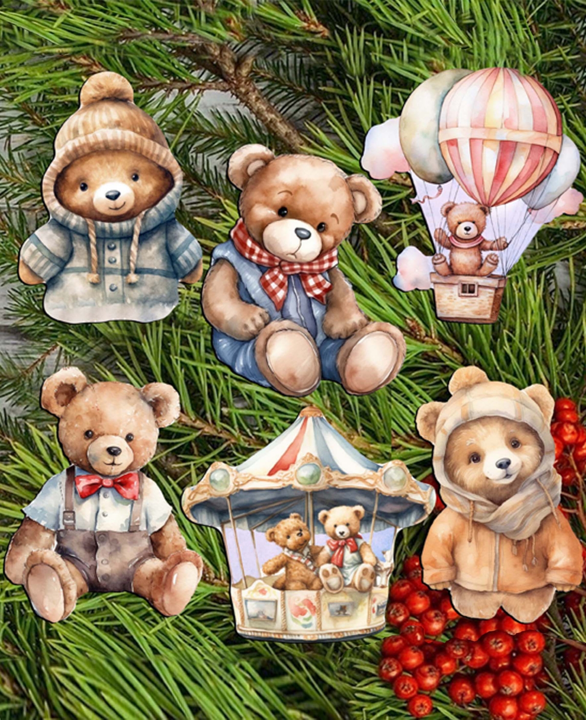 Designocracy Teddy Bear Holiday Wooden Clip-on Ornaments Set Of 6 G. Debrekht In Multi Color